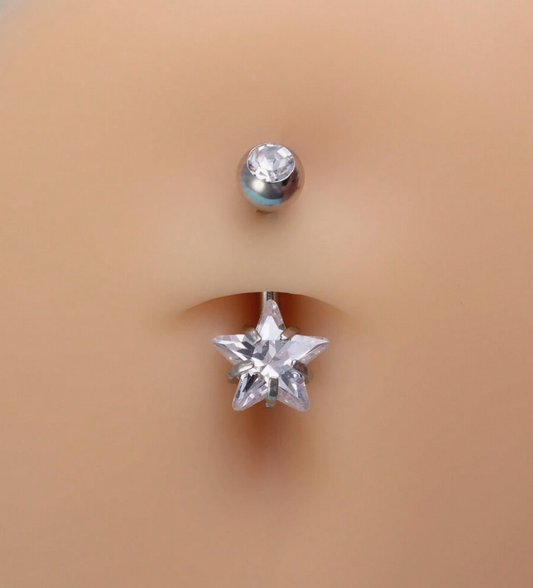 Sparkle top ball belly ring with a tiny cubic zirconia star, non dangle 14G 10MM