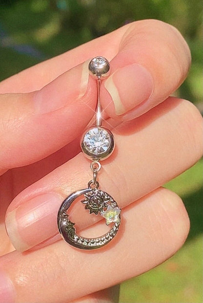 Opal Star and Moon Face Belly Ring