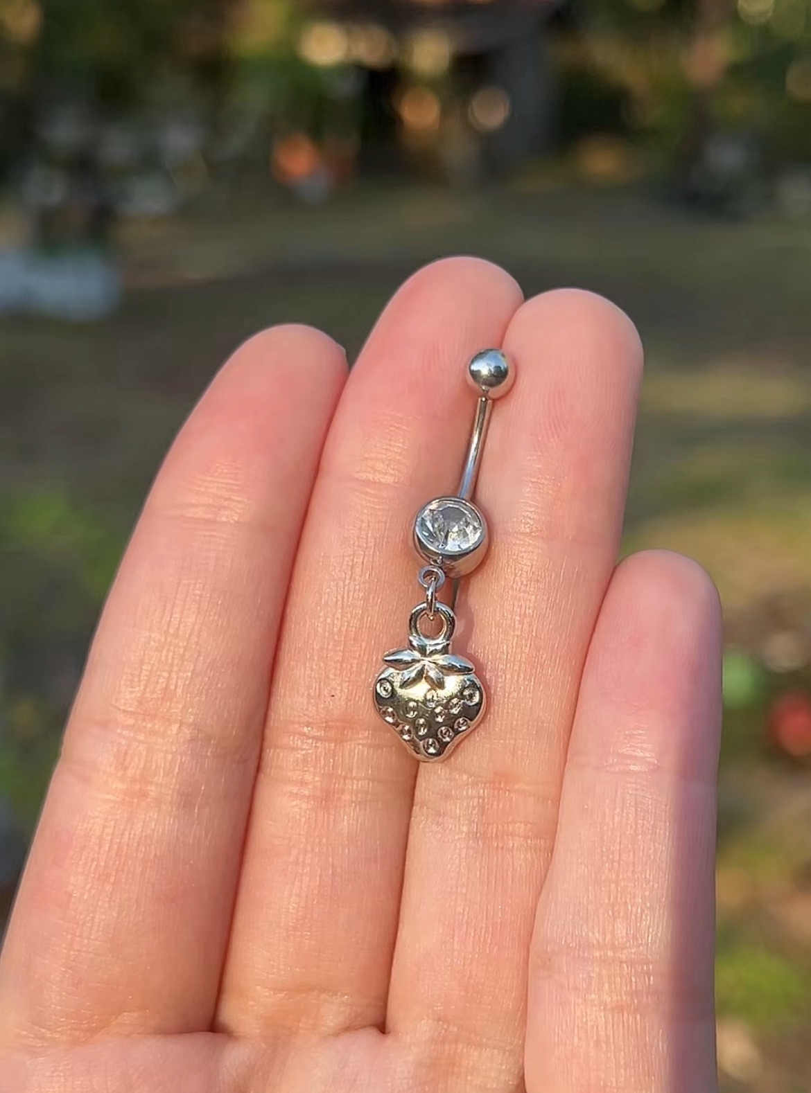 Silver belly button ring with dainty strawberry charm