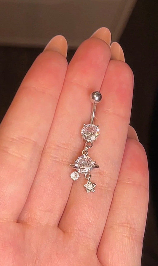 Tiny Saturn and Star dangle belly button ring 14G 10MM