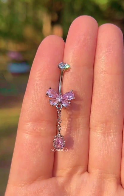 Pink Dangly Butterfly Titanium Belly Ring