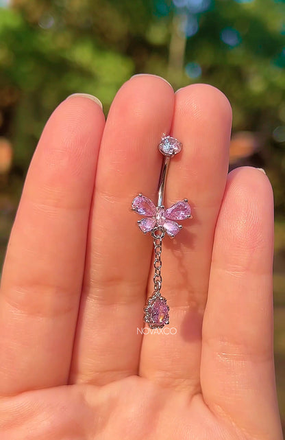 Pink Dangly Butterfly Titanium Belly Ring