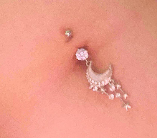 Crescent moon and star belly button ring