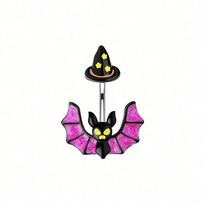 Bat belly button ring with a witch hat. Purple, black, yellow and orange in color.