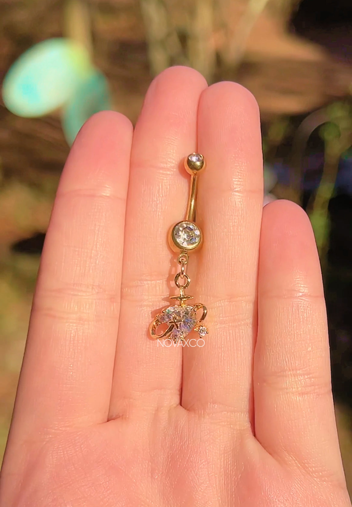 Gold Heart Planet Dangly Belly Button Ring