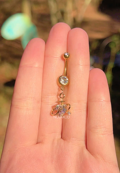 Gold Heart Planet Dangly Belly Button Ring