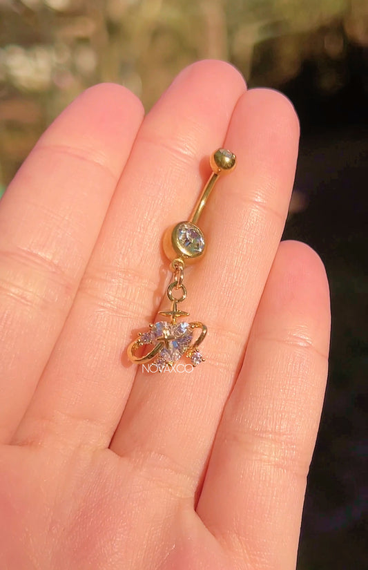 Gold Heart Planet Dangly Belly Button Ring