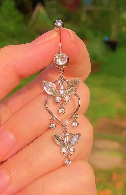 Sparkly Silver Butterfly Dangle Belly Ring