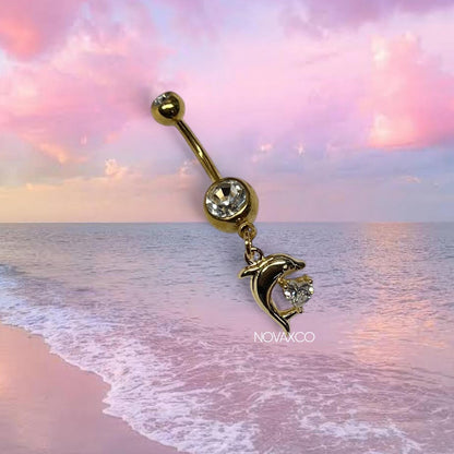 Y2K Gold Dolphin Heart Belly Ring