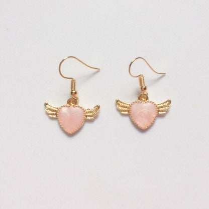 Pink Angel Heart With Wings Earrings