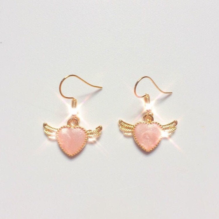 Pink Angel Heart With Wings Earrings