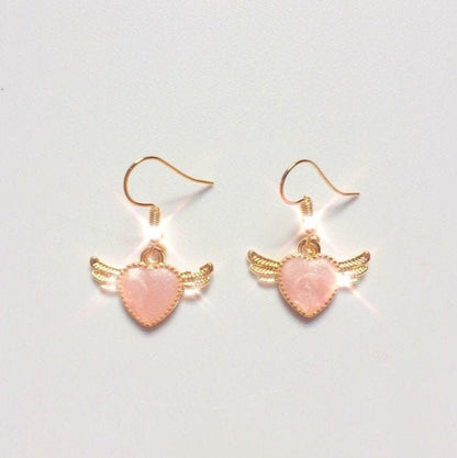 Pink Angel Heart With Wings Earrings