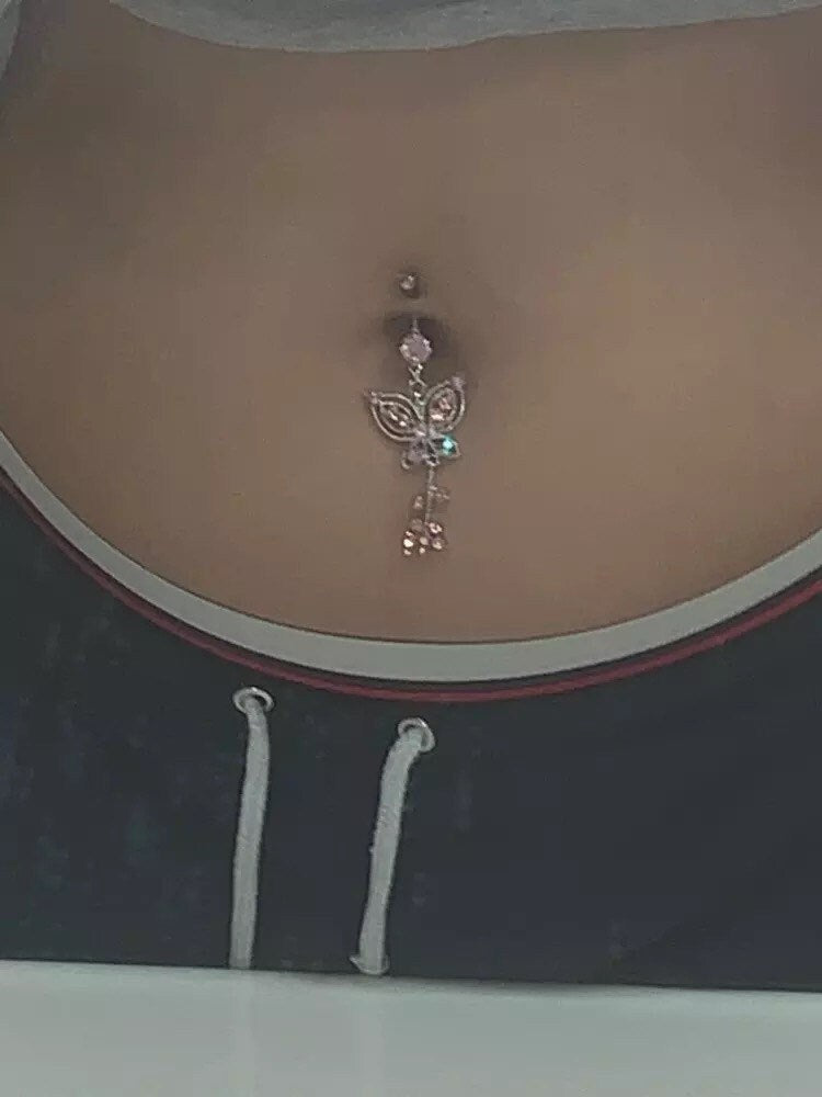 Pink Butterfly Long Dangly Belly Ring