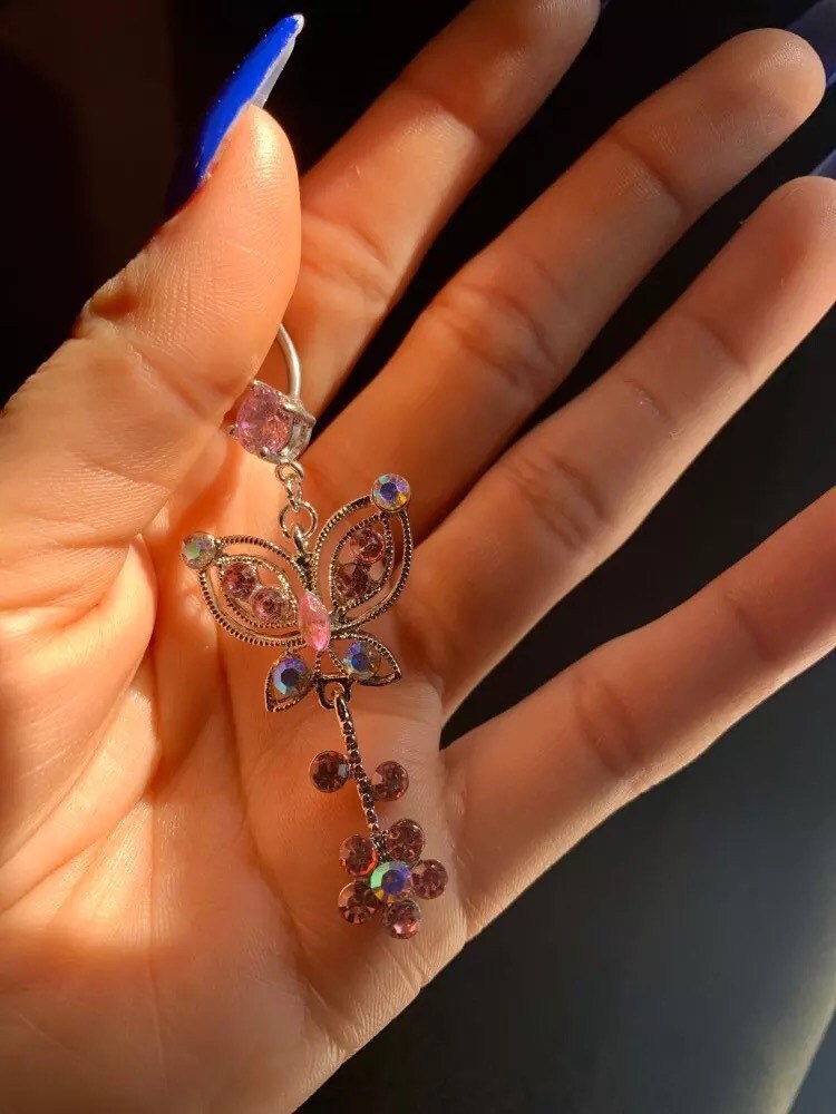 Pink Butterfly Long Dangly Belly Ring