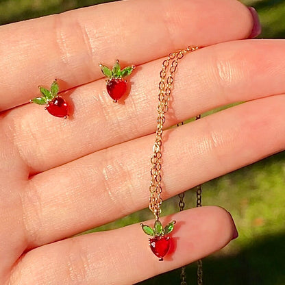 Gold Strawberry Necklace & Matching Earrings