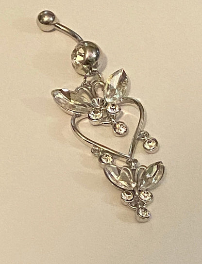 Sparkly Silver Butterfly Dangle Belly Ring