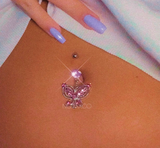 Pink Butterfly Long Dangly Belly Ring