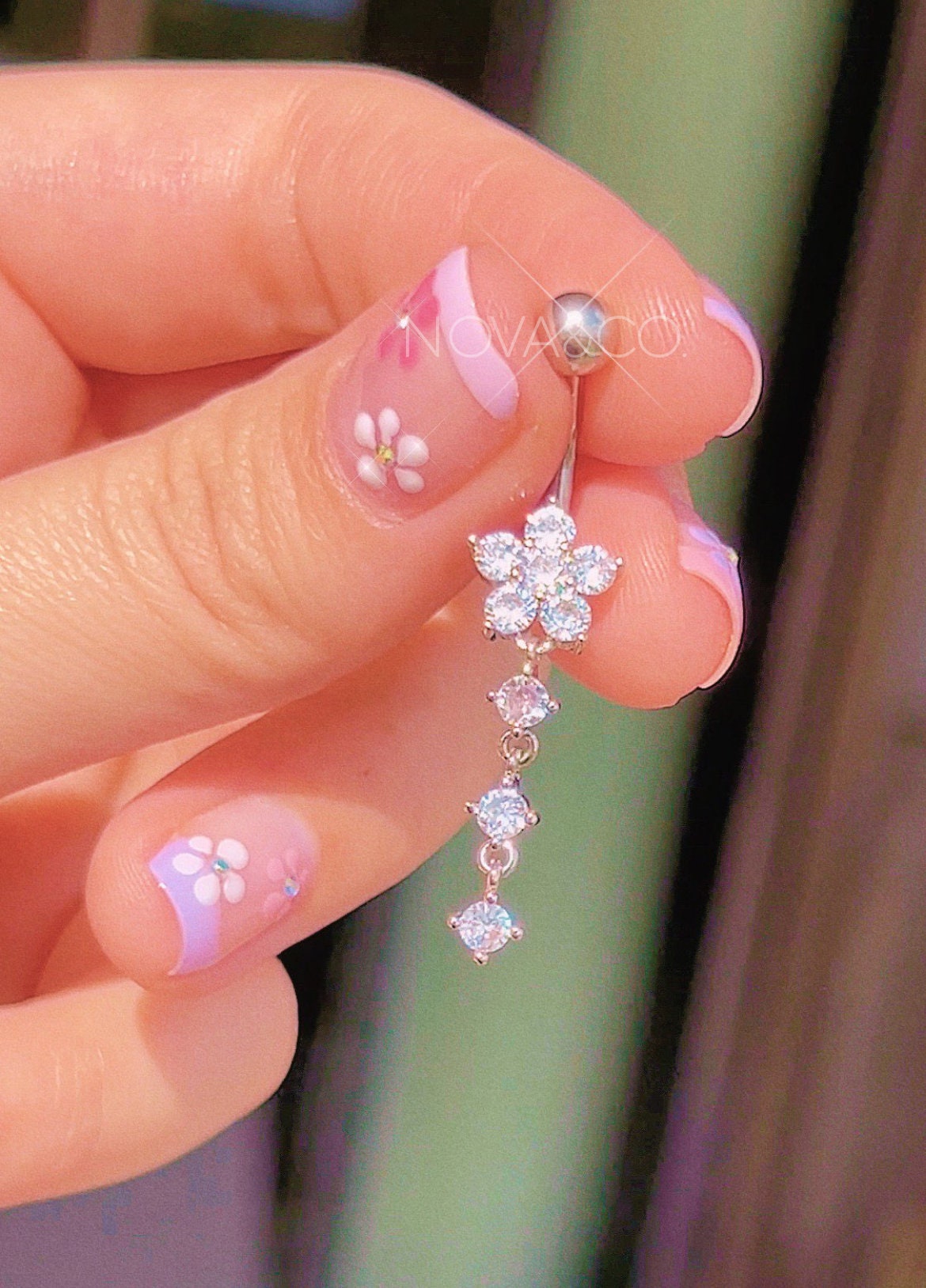 Silver Flower Dangly Belly Button Ring