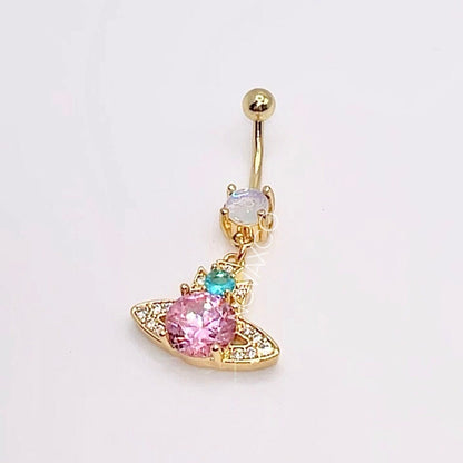 Gold Multicolor CZ Saturn Belly Ring