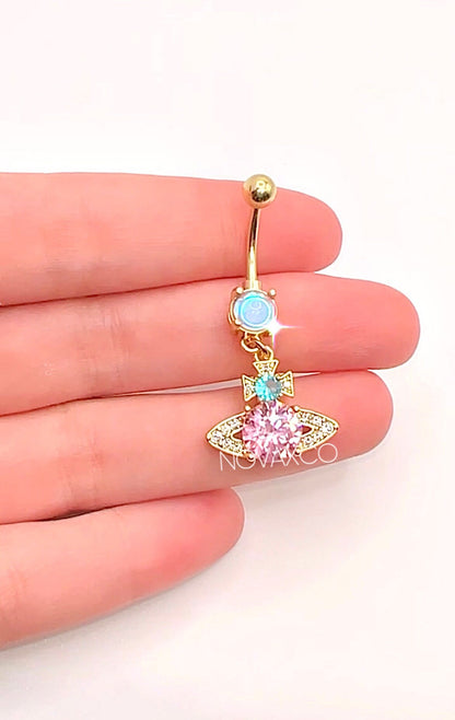 Gold Multicolor CZ Saturn Belly Ring