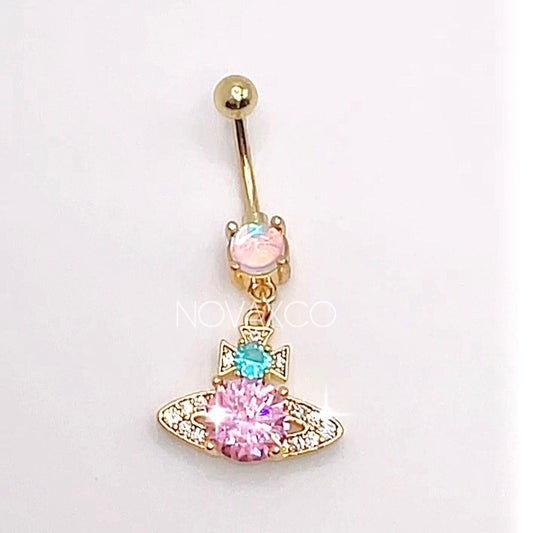 Gold Multicolor CZ Saturn Belly Ring