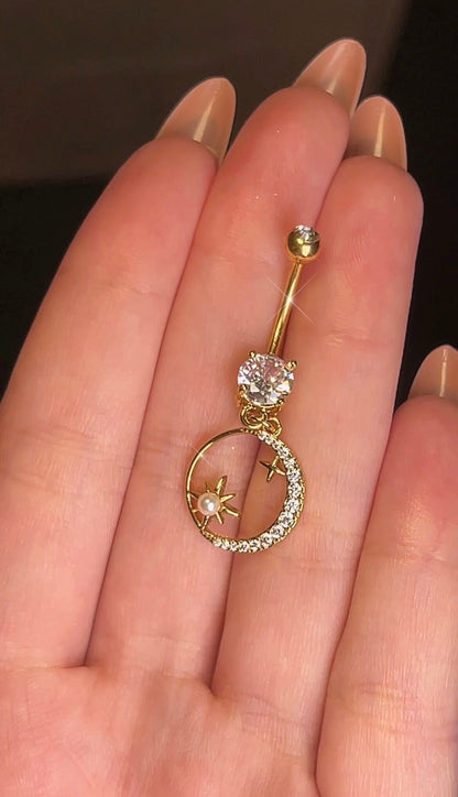 Gold Moon Pearl Belly Ring