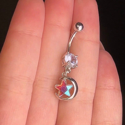 Iridescent Opal moon and star belly ring, dangly navel piercing. 14G 10mm