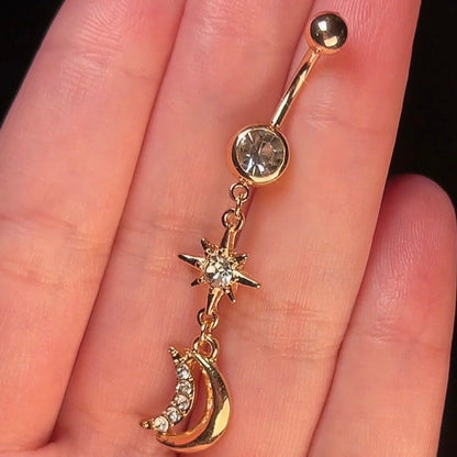 Gold Celestial Moon Dangle Belly Ring