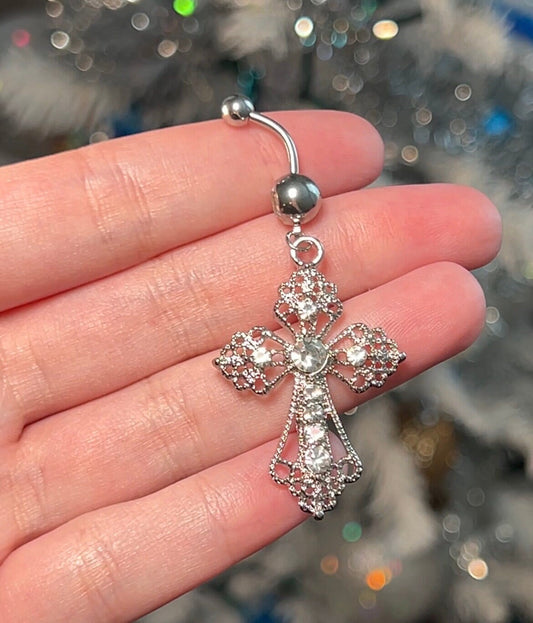 Chunky Y2K Silver Cross Belly Button Ring