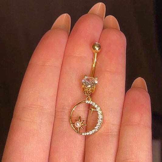 Gold Moon Pearl Belly Ring