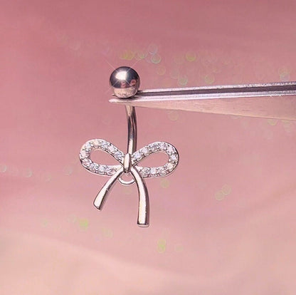 Dainty Bow Belly Button Ring | 14G/10MM Silver Floating Navel Piercing