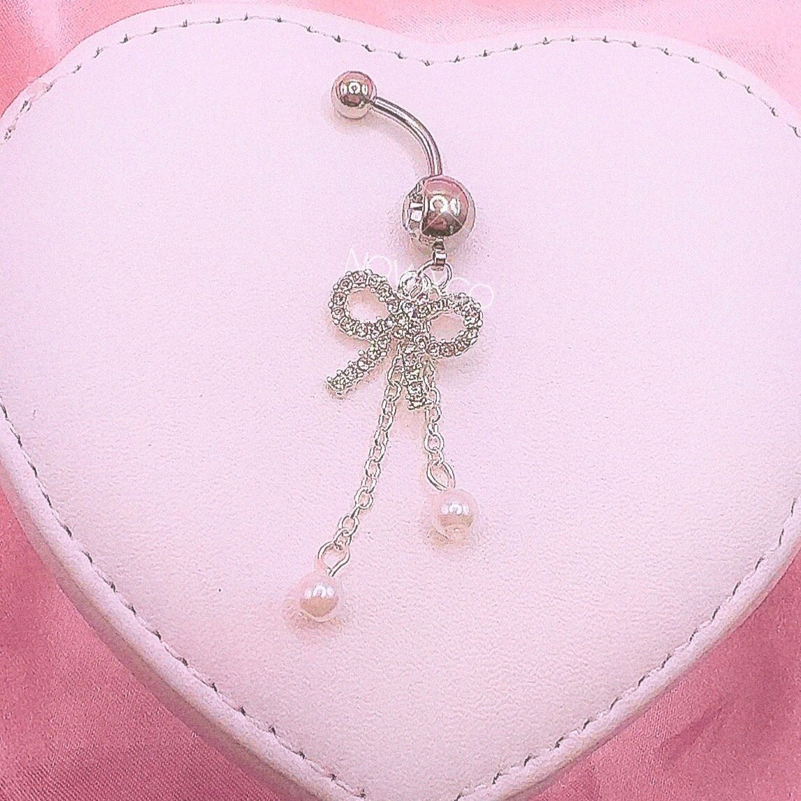 Pearl Dangly Bow Belly Ring