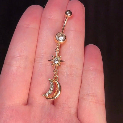 Gold Celestial Moon Dangle Belly Ring