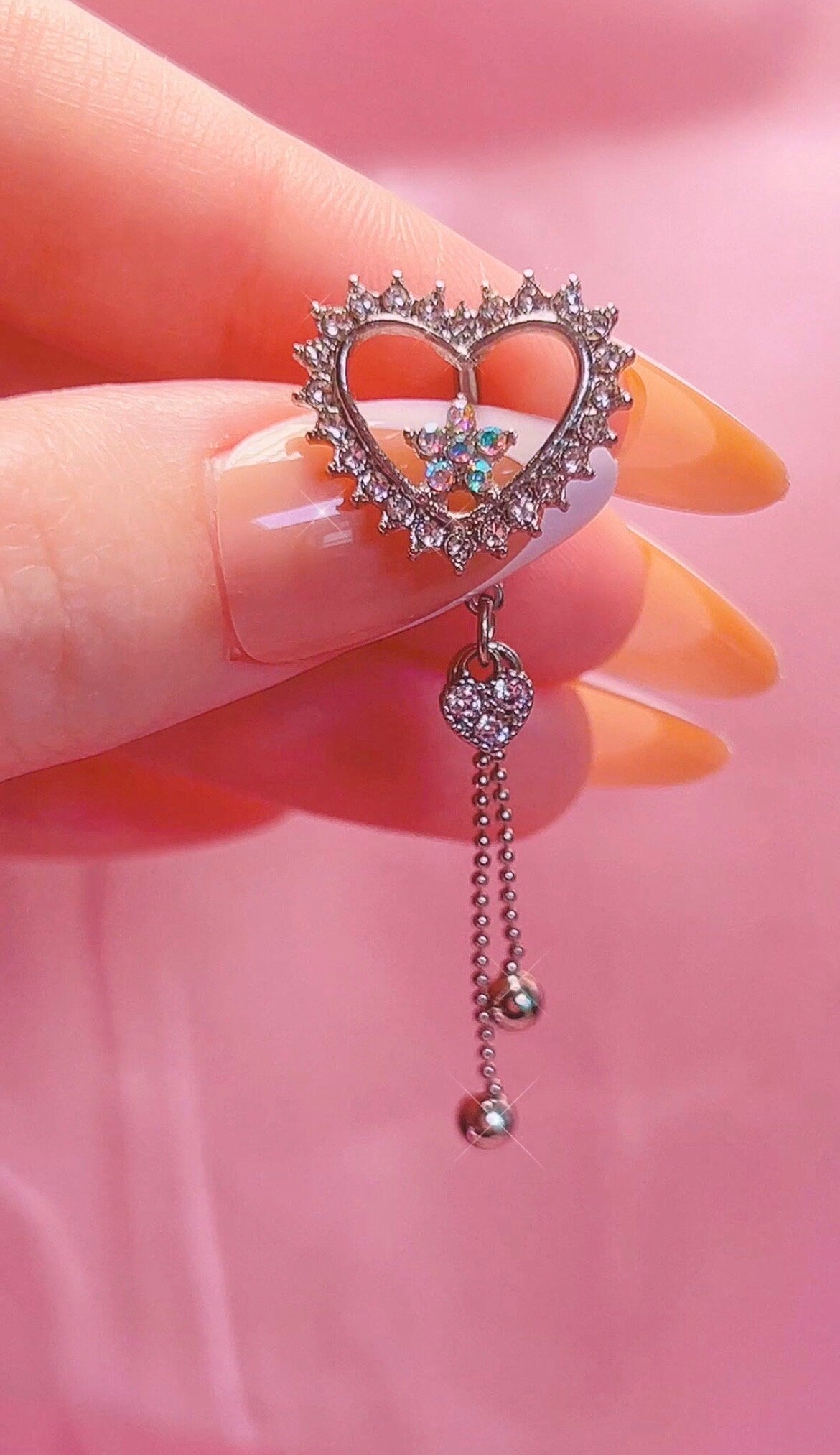 Top Down Heart Belly Ring With Chain Accent