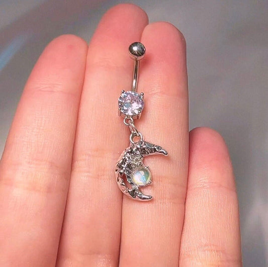 Silver Opal Moon Belly Ring