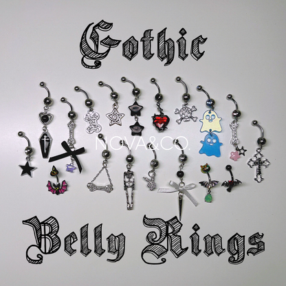 Collection of gothic style alternative belly button rings that are handmade by NOVAXCO. Includes bats, ghosts, bones, coffin, stars, spike, playboy bunny, hearts, stars, bows, and more.