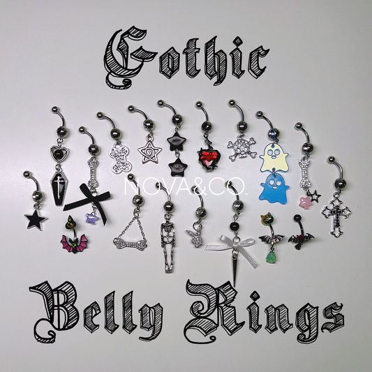 Collection of gothic style alternative belly button rings that are handmade by NOVAXCO. Includes bats, ghosts, bones, coffin, stars, spike, playboy bunny, hearts, stars, bows, and more.