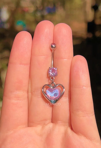 Pink Opalescent Heart Dangle Belly Ring