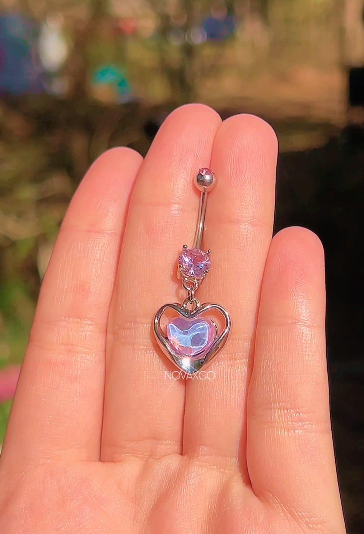 Pink Opalescent Heart Dangle Belly Ring