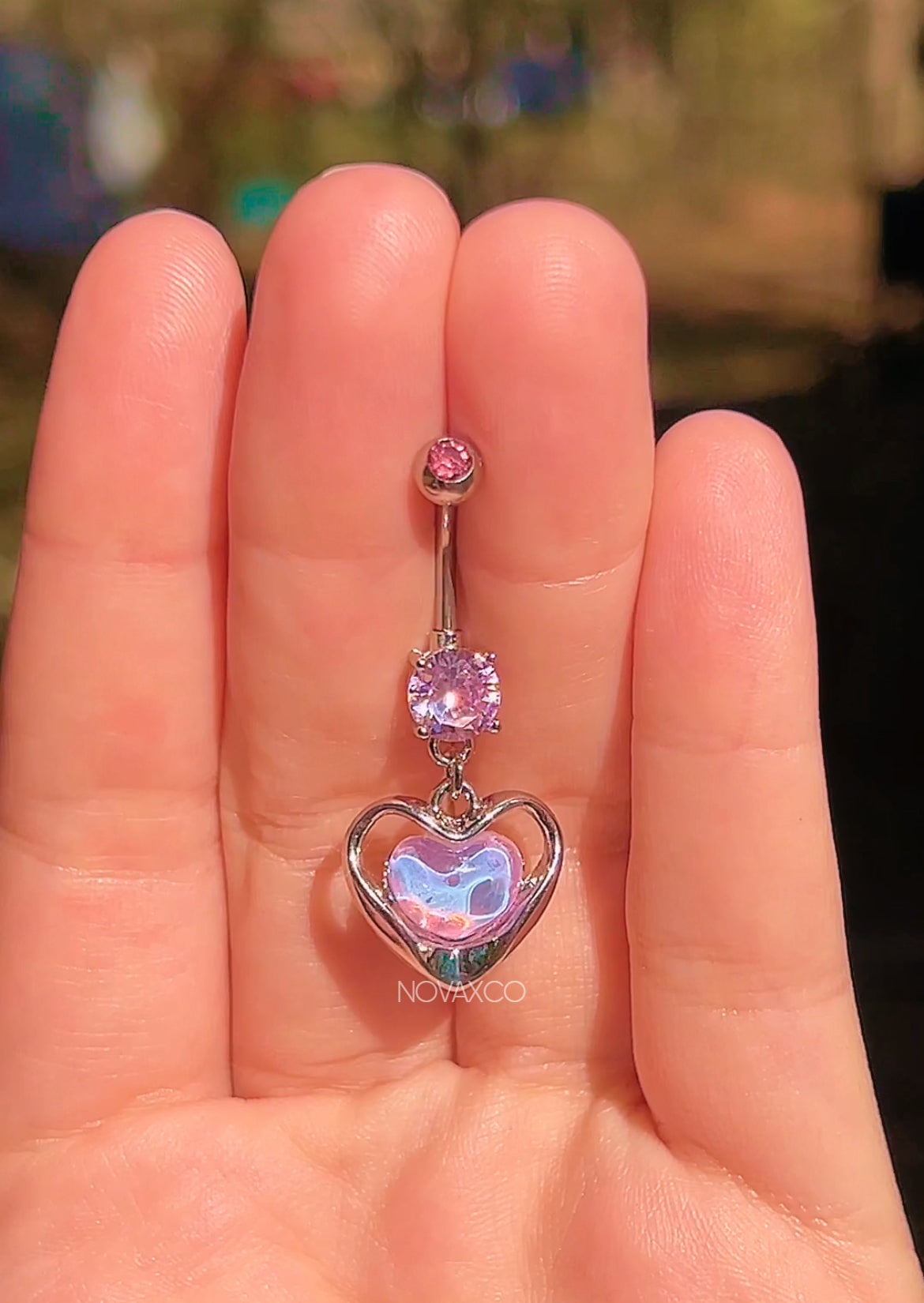 Pink Opalescent Heart Dangle Belly Ring