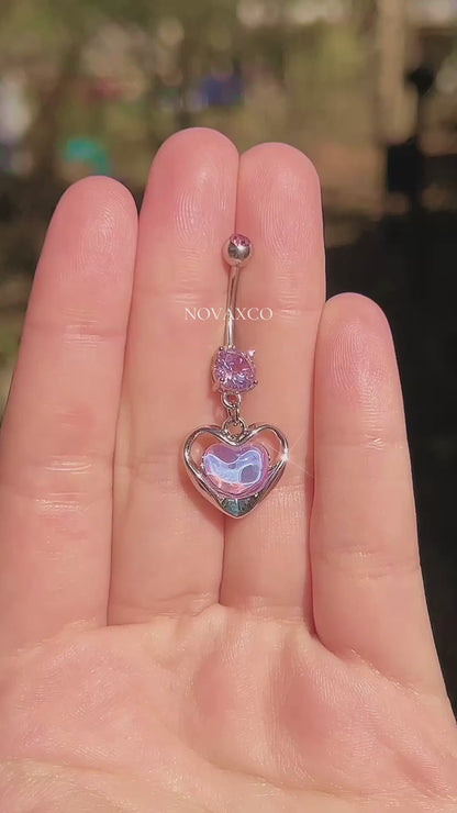 Pink Opalescent Heart Dangle Belly Ring