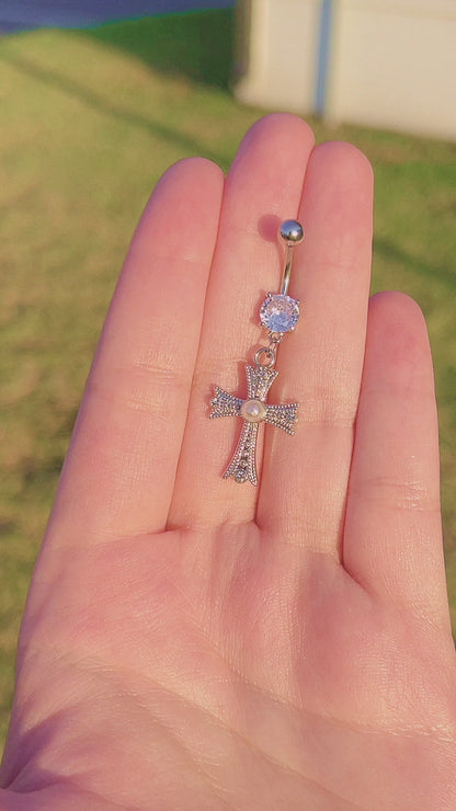 Pearl Cross Dangly Belly Button Ring