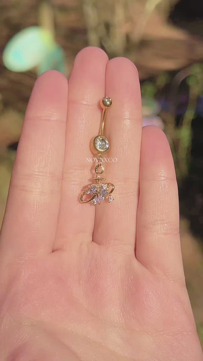 Gold Heart Planet Dangly Belly Button Ring