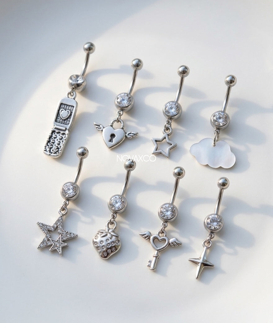 Silver y2k belly button rings with charm dangles