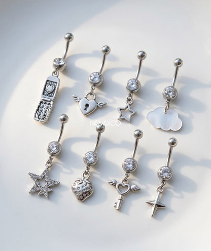 Silver y2k belly button rings with charm dangles