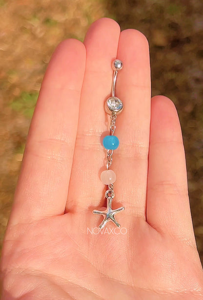 Starfish Blue & White Beaded Dangle Belly Ring