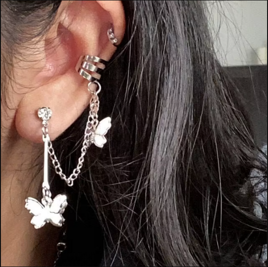 butterfly ear cuff and stud silver