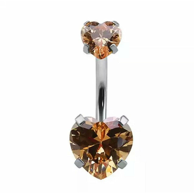 silver and topaz double heart belly ring
