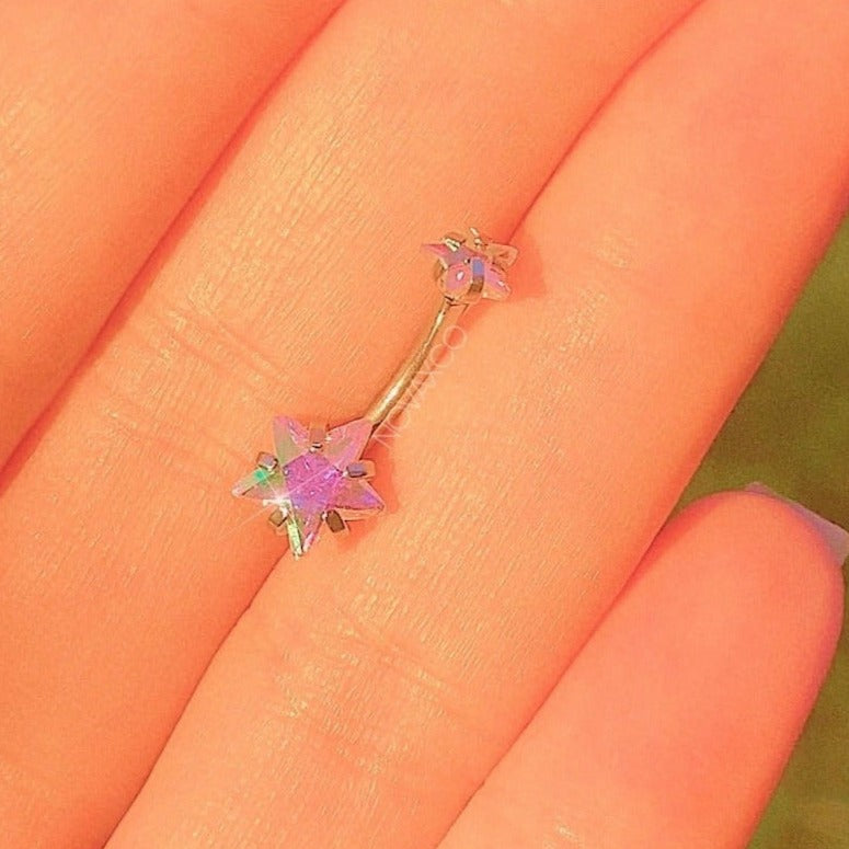 Tiny opalescent double star belly ring