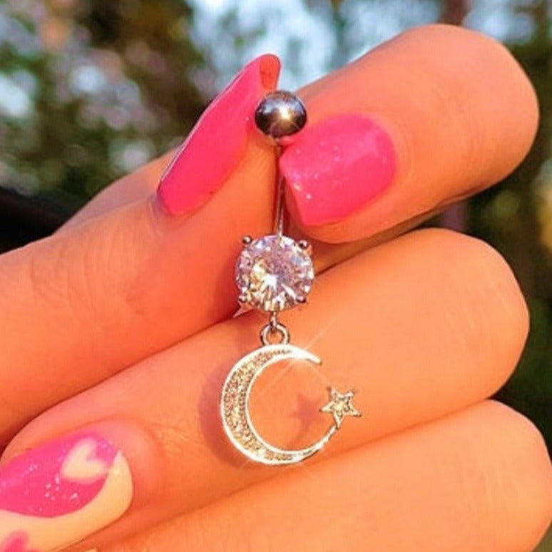 Silver with clear stones little moon belly ring